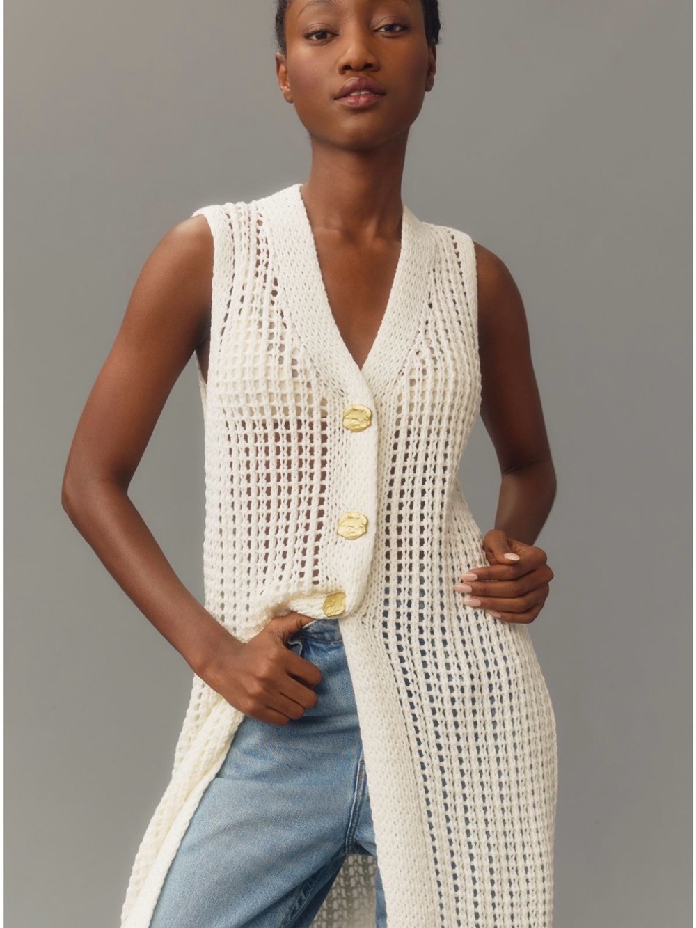 Anthropologie Open-Knit Long Vest Cardigan in Cream